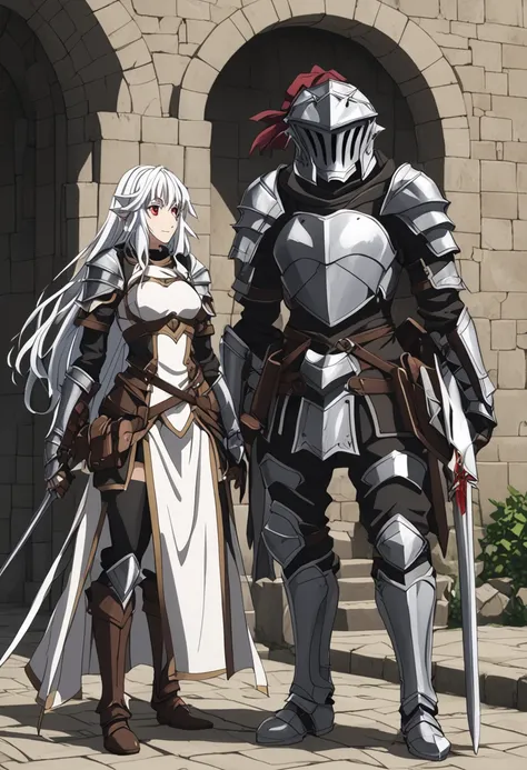 two people,  full body. Goblin Slayer wears a helmet and armor ,  is standing in front of an elf woman ,  the woman has white hair and red eyes ,  the woman has elongated ears and wears adventurous clothing in medieval style.  Both are standing opposite ea...