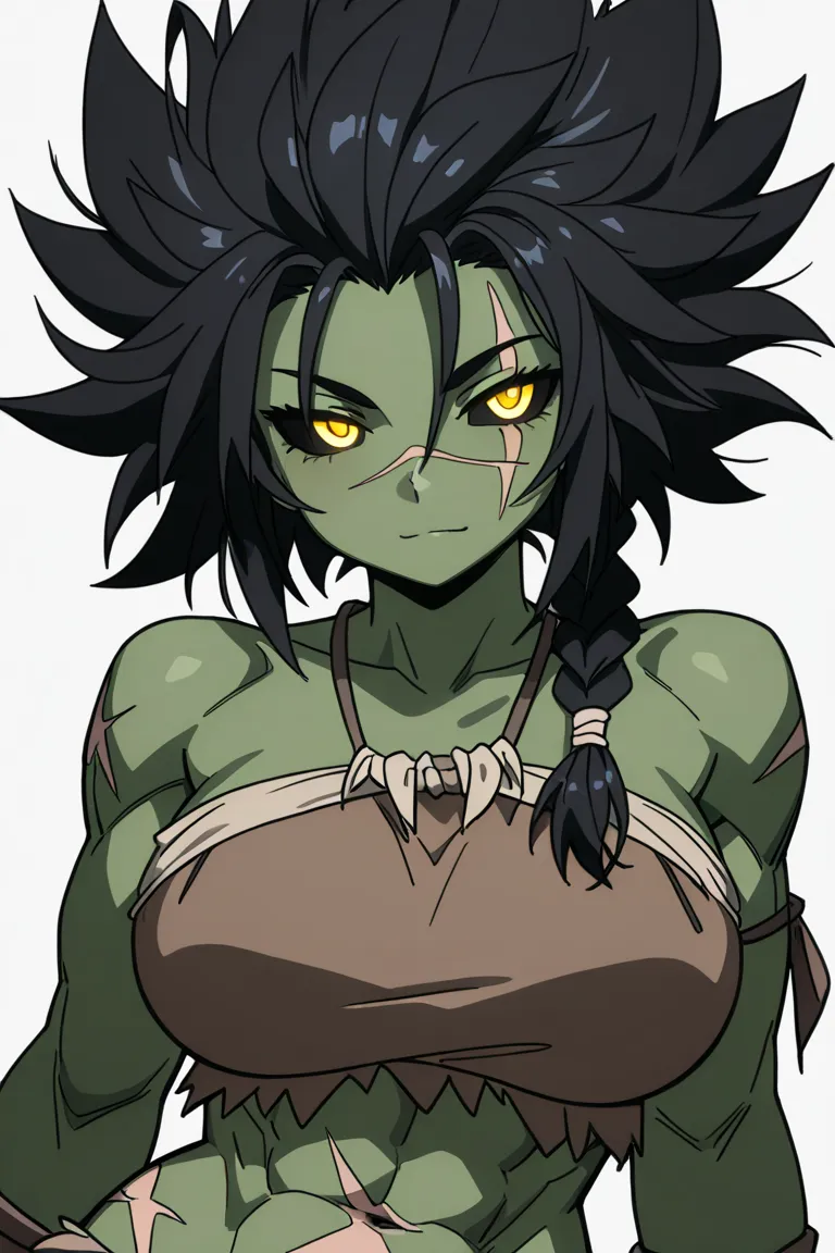 Orc female, short hair, black hair, spiky hair, hair up, short hair, low braid, scar on belly, combed hair, yellow eyes, green skin, flat coloring, 2d coloring, muscular body, glowing pupils, black sclera, large breasts, highly detailed, detailed eyes, tri...