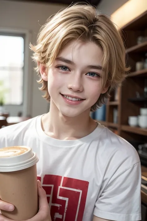  boy, blond hair with a touch of coffee, brown eyes with light gray,  WHITE LEATHER FUND,  with a happy expression , a red t-shirt with white edges