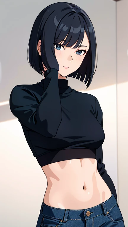 (best quality:1.5, highres, UHD, 4K, detailed eyes, detailed lighting, detailed hair, shaders), black hair, bob cut, hair covering one eye, cool woman, cool girl, sharp eyes, grey eyes, beautiful, small breasts, croptop, tight long sleeves, jean pants on, ...