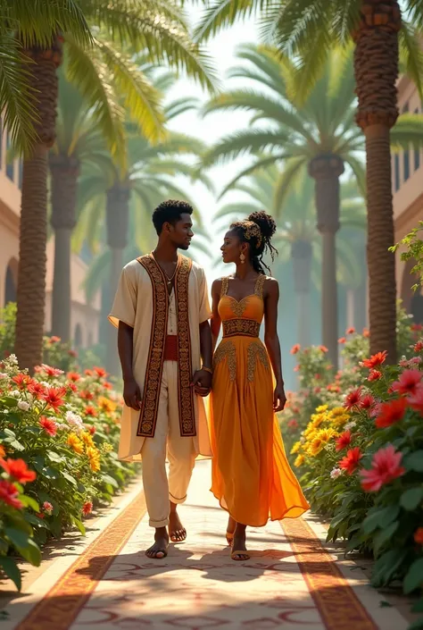 Prince Ethan and Aria in the Palace Garden: An image of the couple walking hand-in-hand through the palace garden, surrounded by blooming flowers.African mandinka culture 