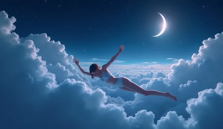 A surreal digital painting of a female swimmer gracefully gliding through soft, fluffy clouds, her body streamlined as if in water. The vast night sky stretches behind her, filled with twinkling stars and a glowing crescent moon casting a soft luminescent ...