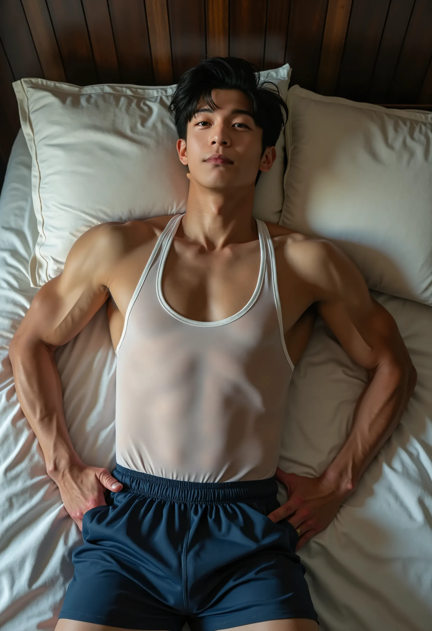 Hyperrealistic hyper detailed buffed muscle showed handsome sharp jawline south korean manager uncle 36 y.o wearing a wet sweaty white super transparent gym men tanktop and having a huge massive bulge in a wet sweaty dark navy blue gym shorts, whole body l...