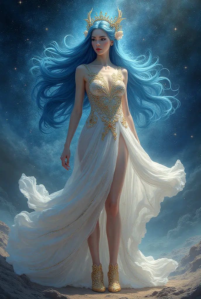 The God of Cosmic Balance,  a dress that has the space embroidered, Some golden shoes, his strong blue hair and his strong black eyes