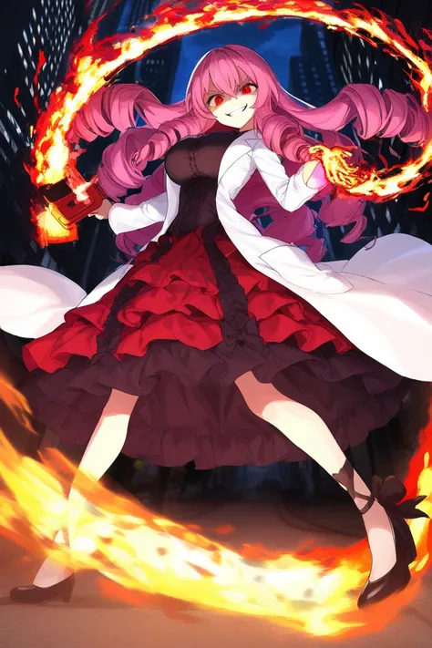 1 woman,  big breast,  slim waist,  pink hair,  long hair,  hairstyle drill ,  golden eyes,  malicious look , teeth saws ,  evil smile , lolita dress,  white coat ,  lab coat ,  high-heeled shoes ,  holding a burning chainsaw (right hand),  holding a plush...