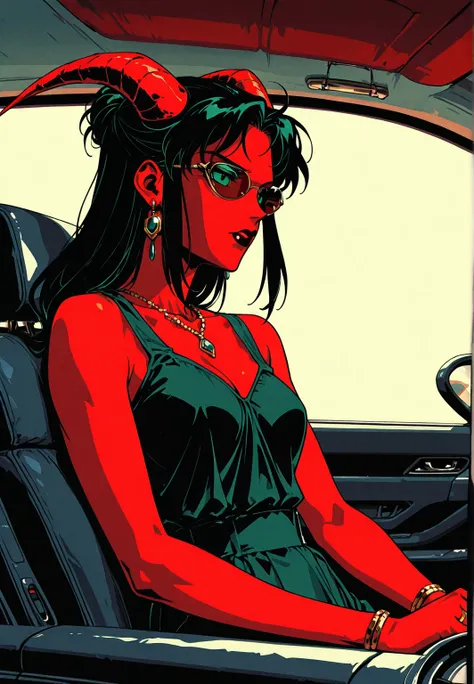  demon girl , red skin, camisilla, Horns ,  elegant clothes, average sines, Elegant Jewelry, aggressive, (inside a car), You can see the seat , the window