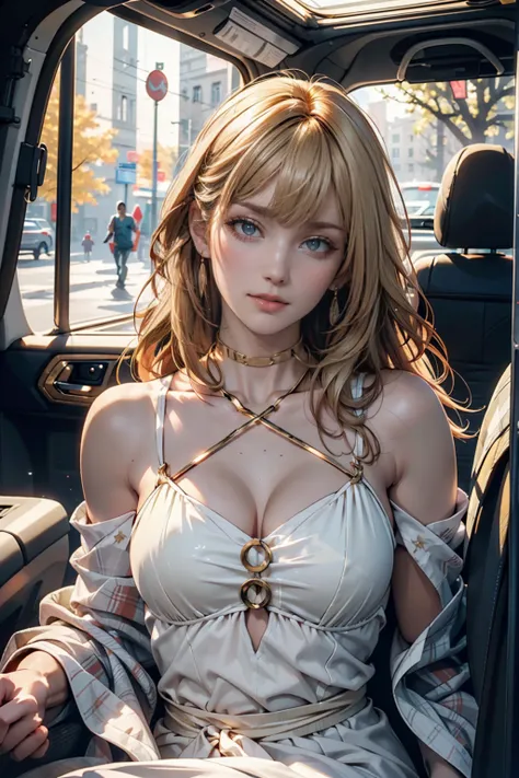 (( masterpiece)), (( best quality)), 8k,  high resolution,  super detailed, (woman), (  White Dress with Yellow Gold Edges), (Blonde shawls are scattered), ( eye closed look ) (Sleeping in the car 1.6) (Full body display 1 .4)  artwork is a masterpiece , T...