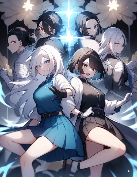 【 Demon Slayer 、Demon Slayer Squad、Pillar、Nichirin Toujin、God's Breath、 long white hair 、 bangs are white、woman、Double eyed light blue god、Both eyes are beautiful 、 bandaged arms, legs, and left eye are black、 gloves black、 gear is white 、Clothes are fanst...