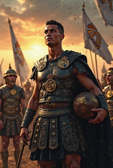 Cristiano Ronaldo dressed as a Roman general, wearing black armor with gold details, and displaying the Real Madrid crest on his chest. In one hand, he holds a football, and in the other, a Roman sword. Around him, Roman soldiers in similar armor are holdi...