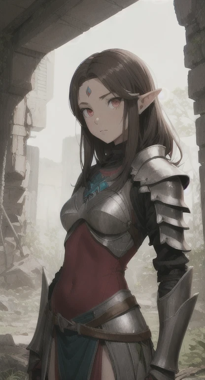 Lost era, Prehistoric Hylian, Knight princess, Nayla, brown hair, red eyes, looking at viewer, long messy hair, lore accurate, prehistoric armor, subway ruins,