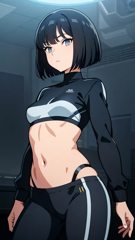 (best quality:1.5, highres, UHD, 4K, detailed eyes, detailed lighting, detailed hair, shaders), black hair, bob cut, hair covering parts of her face, cool woman, cool girl, sharp eyes, grey eyes, beautiful, small breasts, croptop, tight long sleeves, black...