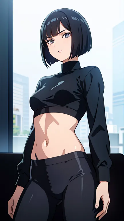 (best quality:1.5, highres, UHD, 4K, detailed eyes, detailed lighting, detailed hair, shaders), black hair, bob cut, hair covering parts of her face, cool woman, cool girl, sharp eyes, grey eyes, beautiful, small breasts, croptop, tight long sleeves, black...