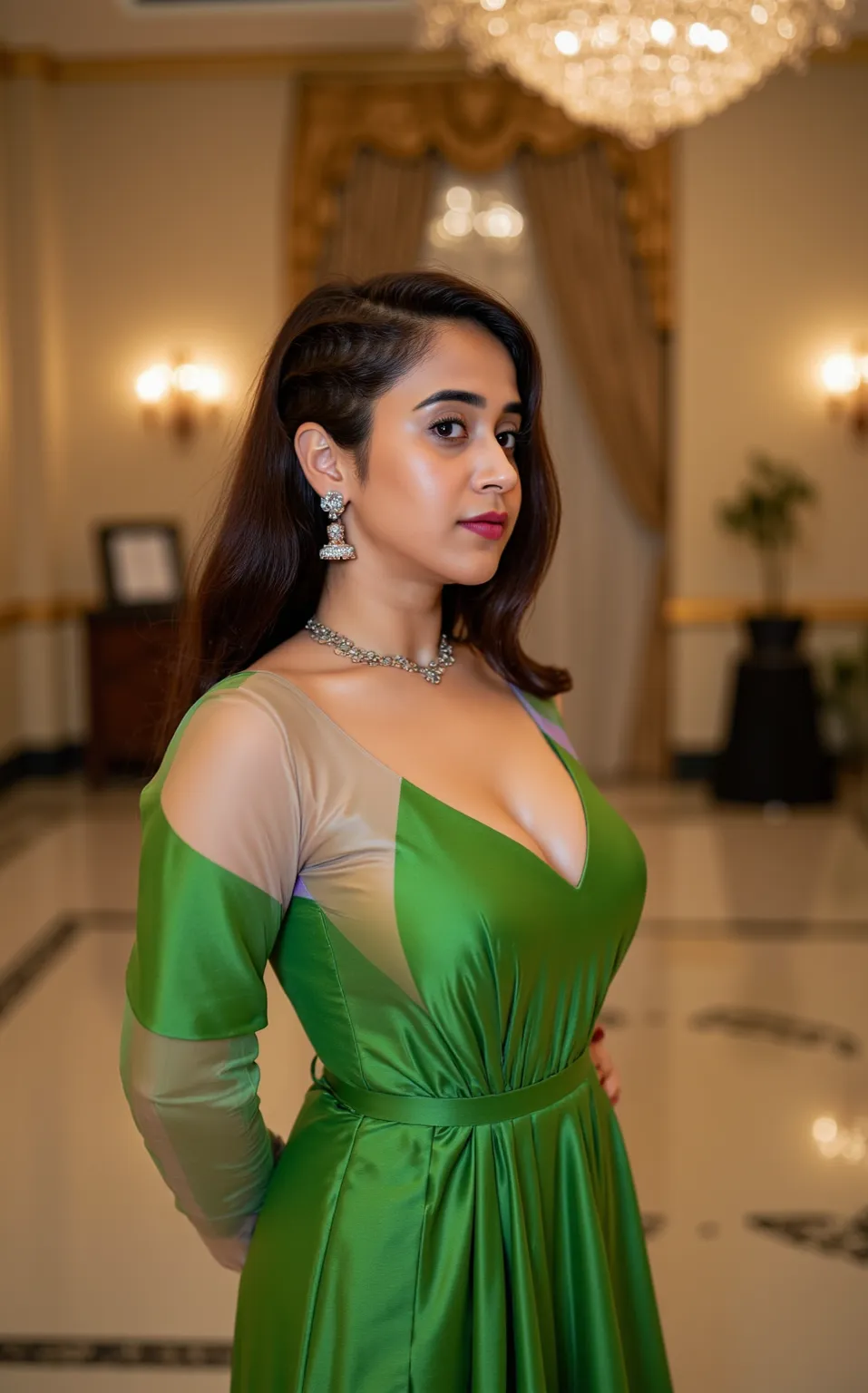 "stunning woman in an off-shoulder satin gown, deep emerald green, draped elegantly across her figure. Her collarbone catches the soft golden candlelight as she stands in a grand ballroom, the shimmering chandeliers casting delicate reflections on the poli...