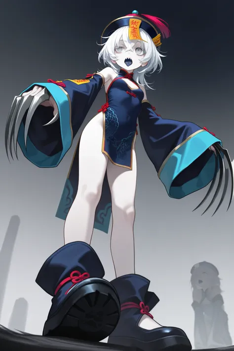 Chinese clothes, detatched sleeves, bare shoulders, hat, jiangshi, long sleeves, claws, claw(weapon), sleeves past fingers, very long sleeves, ofuda, qingdai guanmao, {medium hair}, white hair, crossed bangs, pale skin, dark blue tongue, white eyelashes, g...