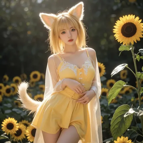  high resolution  ,   Look at the audience , 亚洲  girl，  girl， unique ， Yellow Hair ，  short hair，    yellow pupils   ，Hair dripping   ，Wet hair，  blush，Yellow dog ears  ， Drop ears朵 ，黄色Dog Tail ，Drop ears ，微胖的 girl, sunflower，residence, small chest(c),    ...