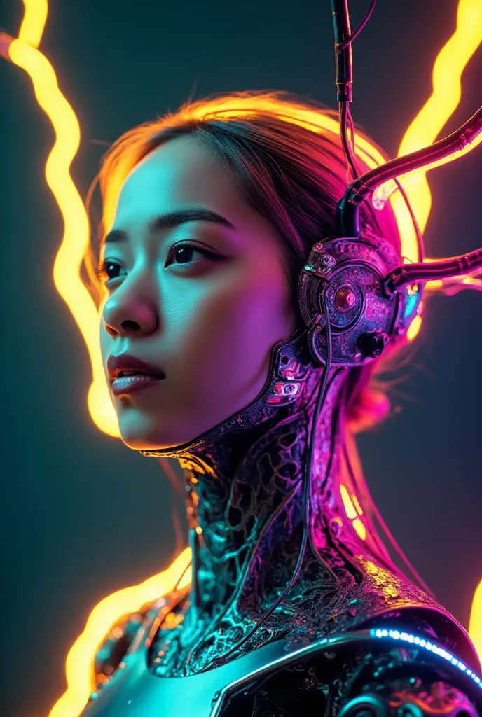 The head of a female cyborg, neon yellow lightning, neon teal lightning, neon magenta lightning, cables, wires, synth wave, vaporwave, retro futurism, circuit board, dark futuristic, floating, astral, zip realism, (masterpiece:1.2), best quality, (hyperdet...