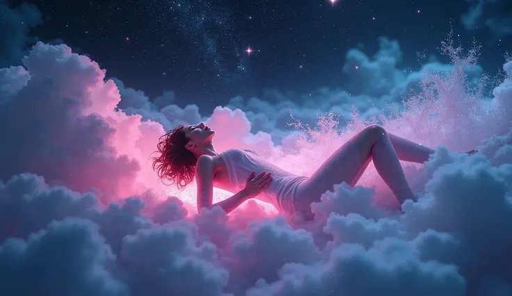 A futuristic neon-lit artwork of a woman swimming effortlessly through glowing clouds, her body illuminated by the soft radiance of a distant galaxy. The deep space background features stars twinkling like scattered diamonds, and cosmic dust subtly swirls ...