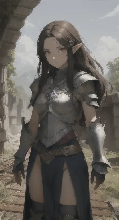 Lost era, Prehistoric Hylian, Knight maiden, Nayla, brown hair, red eyes, looking at viewer, long messy hair, lore accurate, prehistoric armor, train ruins,