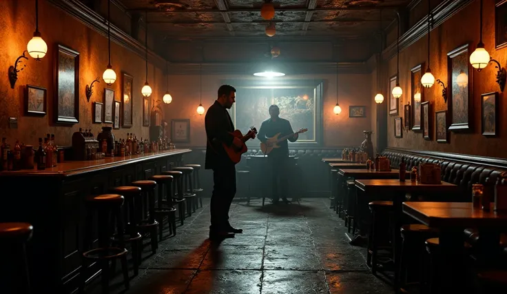 Create a hyper-realistic image of a blues bar with an old and nostalgic look


