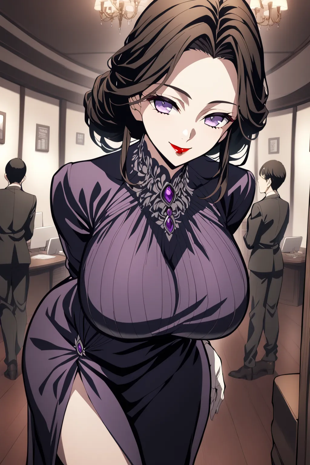 1 women, big breats, high quality, all detailed, medium height  kimetsu no yaiba art style, looking at the viewer,  elegant purple slit dress  , standing in front of the spectator, smile, black hair, purple eyes , lipstick, elegant office in the background