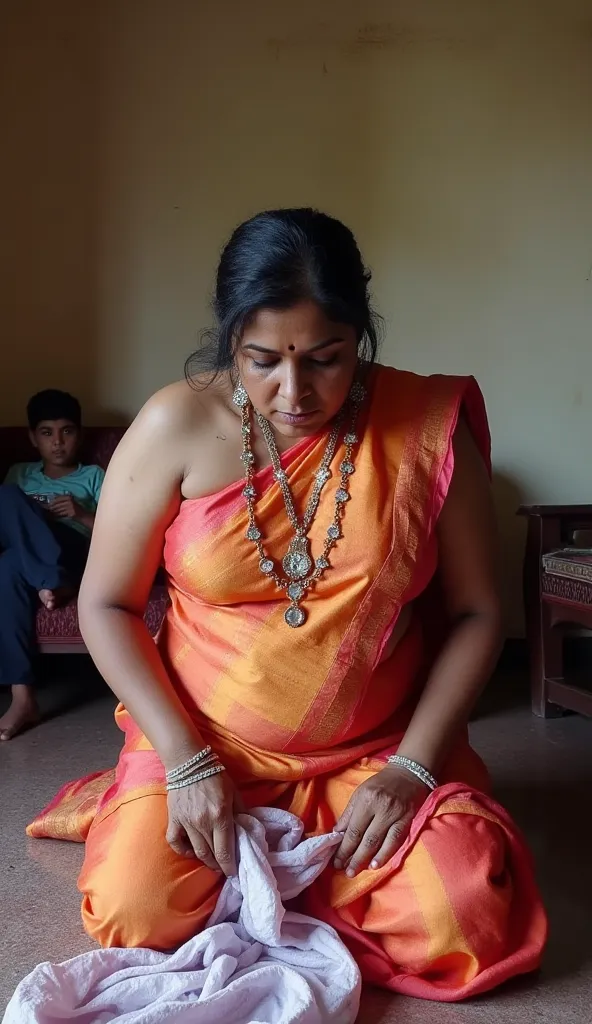 An aunty in Tamil Nadu works as a maid in a village. She is wearing a saree, bending down on the floor with a cloth, her legs are crossed, and she is masturbating. She has a fat, black body. You can see her cleavage and thighs. In the room, a boy is sittin...