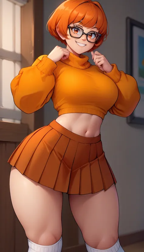 score_9, score_8_up, score_7_up, source_anime
,
1girl, solo, VelmaXL, short hair, glasses, (young), (cute), (curvy), (big breasts), (thick thighs), slim waist
,
Orange tube top, pleated skirt, orange micro skirt, midriff, white knee-high socks
,
standing, ...