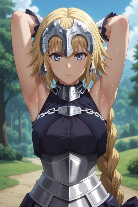 Score_9, score_8, score_7, jeanne d arc, fate grand order, fgo, anime, anime art style, anime screencap, 1girl, long hair, braided hair, hair ornament, blond hair, blue eyes, armour, wearing armor, sleeveless, sleeveless armour, sleeveless outfit, quality,...