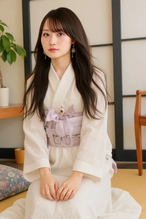 A young Japanese woman sits in a traditional tatami room, kneeling in a formal seiza position. She wears an elegant kimono with intricate patterns. Her expression is focused as she gazes intently at a shogi board in front of her, deep in thought. The room ...