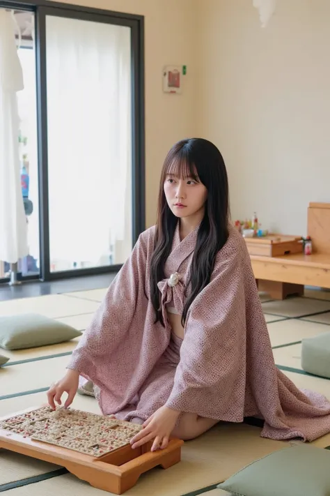 A young Japanese woman sits in a traditional tatami room, kneeling in a formal seiza position. She wears an elegant kimono with intricate patterns. Her expression is focused as she gazes intently at a shogi board in front of her, deep in thought. The room ...