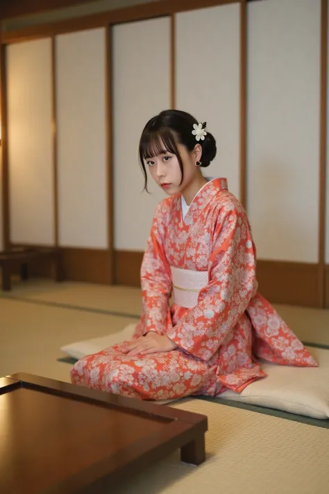 A young Japanese woman sits in a traditional tatami room, kneeling in a formal seiza position. She wears an elegant kimono with intricate patterns. Her expression is focused as she gazes intently at a shogi board in front of her, deep in thought. The room ...