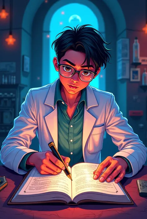 A vibrant and colorful anime-style illustration depicting, a mexican cientis investigated atrnge these events and created a journal with his findings.
