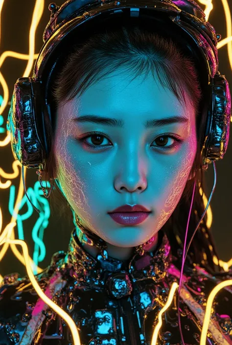 The head of a female cyborg, neon yellow lightning, neon teal lightning, neon magenta lightning, cables, wires, synth wave, vaporwave, retro futurism, circuit board, dark futuristic, floating, astral, zip realism, (masterpiece:1.2), best quality, (hyperdet...