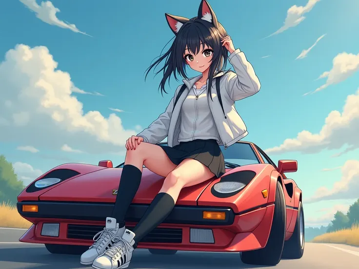 (masterpiece), best quality, expressive eyes, perfect face, Black haired wolf girl, black skirt, black knee high socks, white adidas shoes, white shirt, white jacket, sitting on hood of a sports car, sunny