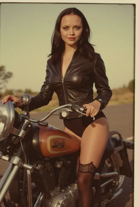 A beautiful 1 girl,   retro vintage motorcycle, detailed pin-up style,    Detailed face,    beautiful eyes,    long lashes,    bright lips   ,    elegant hairstyle   ,    leather jacket,    tight shorts   ,  Average of the network  , garter belt, classic m...