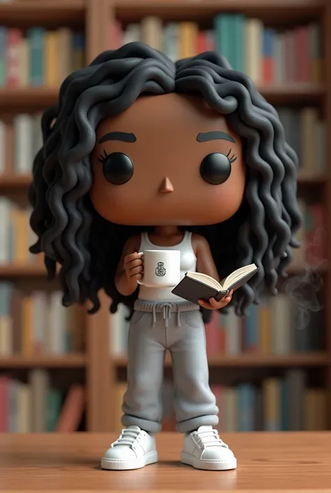 Create a Funko Pop of a black woman , long curly black hair. Body slim and thin waist.wearing light gray sweatpants with a white tank top, white tennis. Slim body, thin waist. Funko Pop must be holding a mug of hot coffee with smoke in his right hand and r...