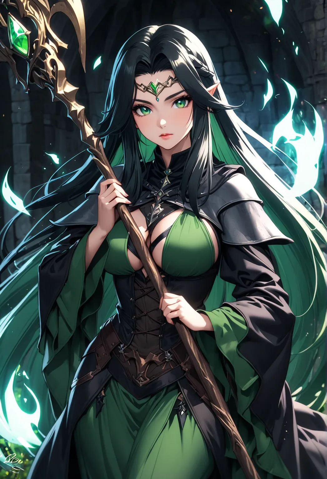 European medieval fantasy witch, Elven characteristics, 22 years old, very long black hair, green eyes, holds a long staff, open and sexy outfit, big boobs,  magical aura ,  Beautiful Mature Girl 