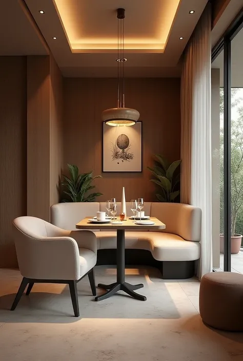 A modern, clean dining area with comfortable seating and warm lighting.