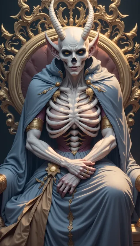 surrealism&strange dislocations of itils style,Lord with thinhorns,sturdy white skeletonbody,strong green eyes.A blue robe with purple edges of long luxurious noble intricate gold patterns flowing around him.a pair of curved bones running across thebroad s...