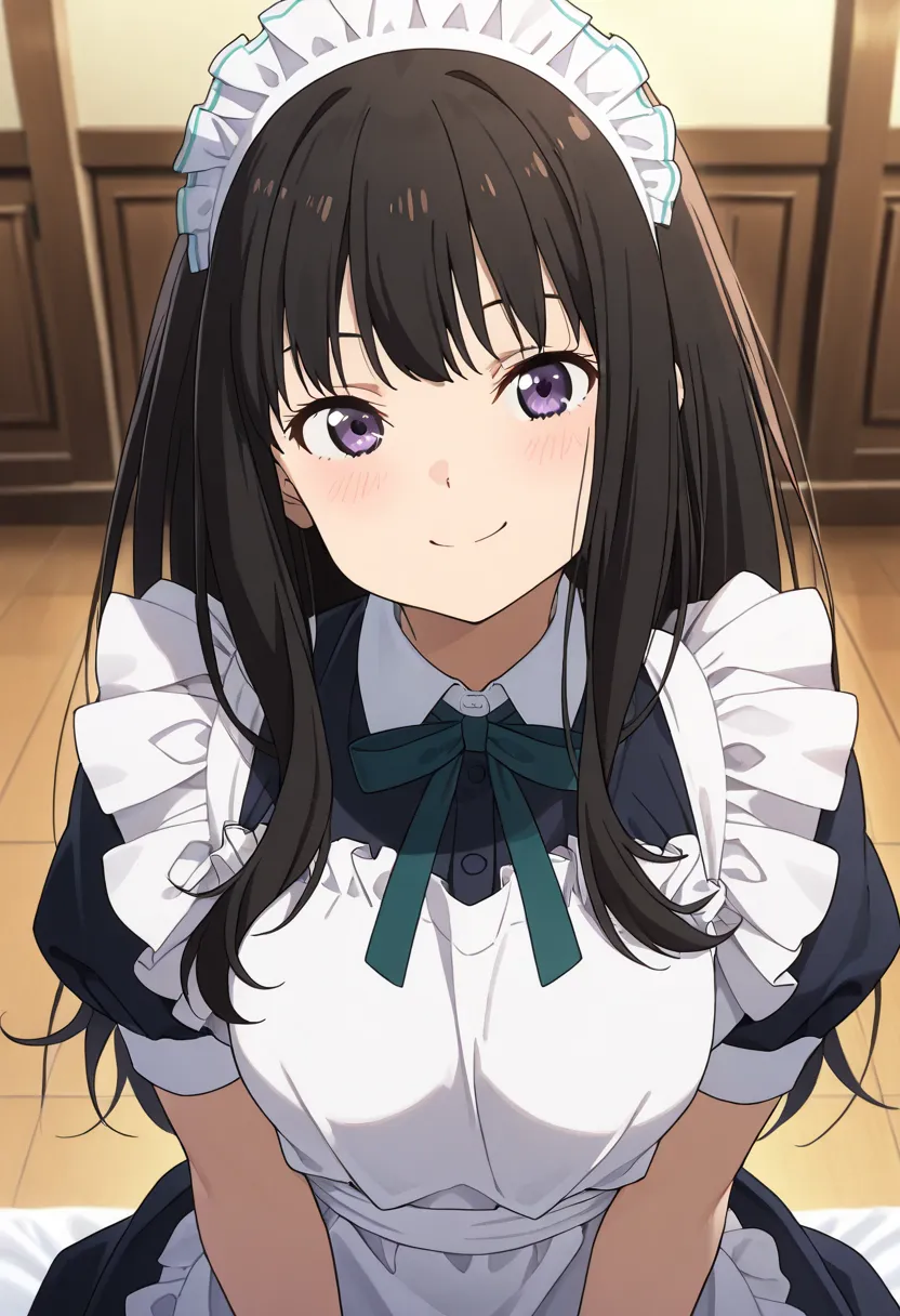 inoue takina, long hair, bangs, black hair, purple eyes,smile,,smile,,(Maid:1.3)、smile,,best quality best qualitysmile ,,best quality ( best quality )、(Nonsense)、( very detailed)、( very beautiful way to hold ) information best quality 、 Ultra-fine、Most HD、...