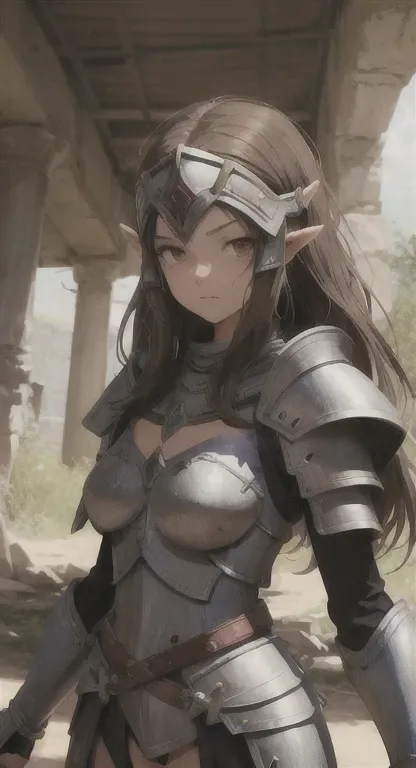 Lost era, Prehistoric Hylian, Knight maiden, Nayla, brown hair, red eyes, looking at viewer, long messy hair, lore accurate, helmet, prehistoric armor, ruins,