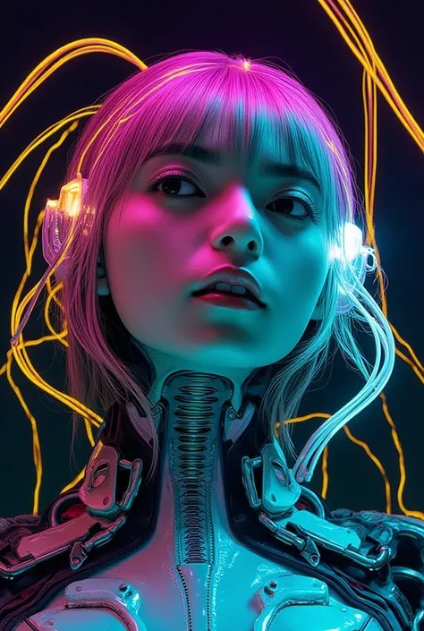 The head of a female cyborg, neon yellow lightning, neon teal lightning, neon magenta lightning, cables, wires, synth wave, vaporwave, retro futurism, circuit board, dark futuristic, floating, astral, zip realism, (masterpiece:1.2), best quality, (hyperdet...