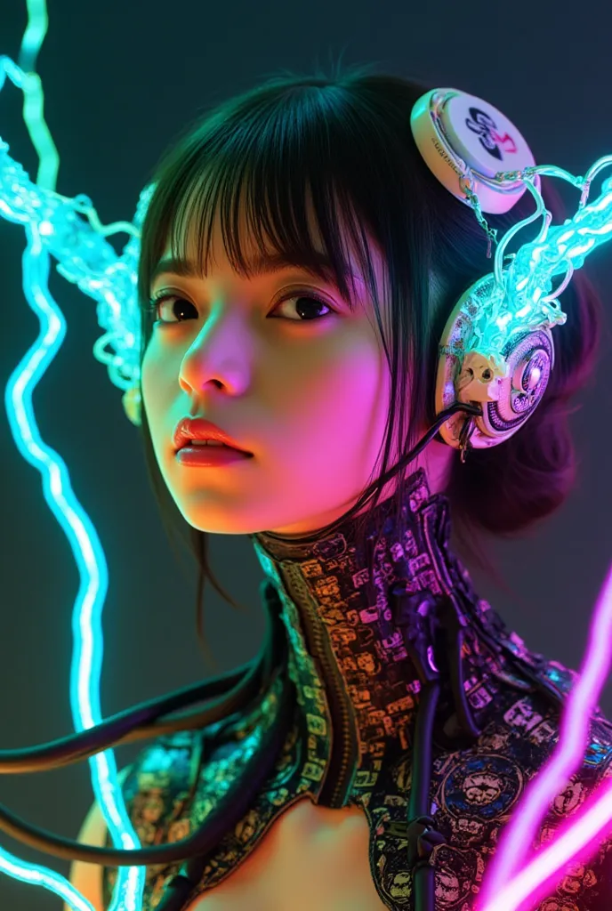 The head of a female cyborg, neon yellow lightning, neon teal lightning, neon magenta lightning, cables, wires, synth wave, vaporwave, retro futurism, circuit board, dark futuristic, floating, astral, zip realism, (masterpiece:1.2), best quality, (hyperdet...