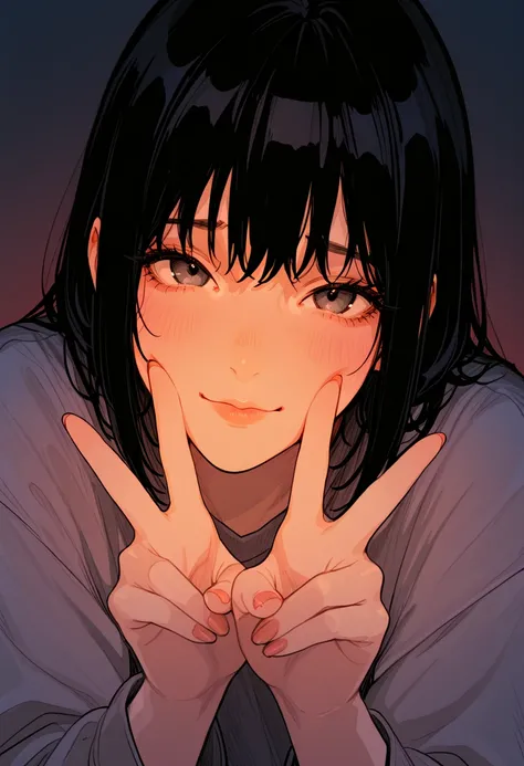 A soft and cozy anime-style illustration of a young girl with long, slightly messy black hair and deep gray eyes. She has a gentle expression with a faint blush on her cheeks, giving a subtle, melancholic yet warm vibe. She is making a peace sign near her ...