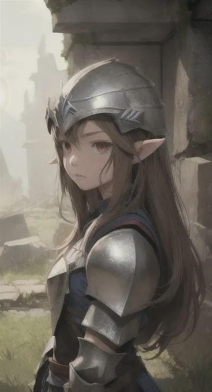 Lost era, Prehistoric Hylian, Knight maiden, Nayla, brown hair, red eyes, looking at viewer, long messy hair, lore accurate, helmet, prehistoric armor, ruins,