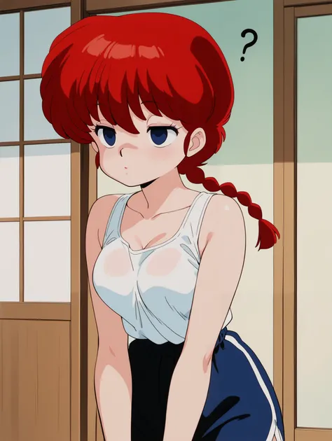 masterpiece, best quality, newest, absurdres, highres, detailed eyes, beautiful, detailed background, perfect eyes, anime coloring, retro artstyle, 1990s \(style\), 1girl, solo, ranma-chan, red hair, long hair, single braid, blue eyes, medium breasts, gym ...