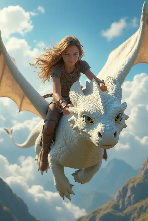 A female dragon rider with light brown wavy hair riding a white dragon with shimmering scales in the style of How To Train Your Dragon.