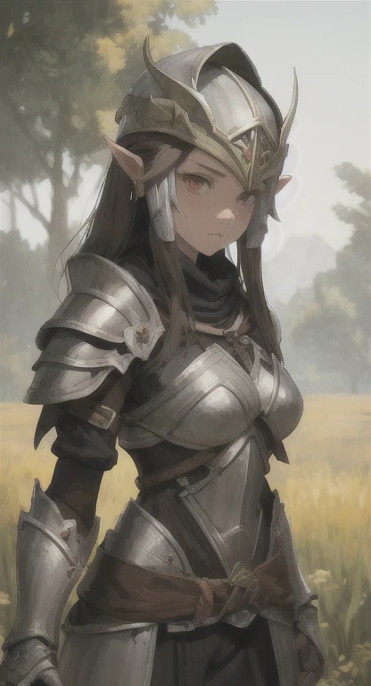 Lost era, Prehistoric Hylian, Knight maiden, Nayla, brown hair, red eyes, looking at viewer, long messy hair, lore accurate, helmet, prehistoric armor, Field,