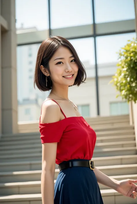 Angle from front and looking up from below, Japanese woman in her 20s, short black hair, bright red off-the-shoulder blouse, sheer material, dark blue tight skirt, black belt

 She walks down the high-ceilinged entrance stairs of her office. She turns and ...