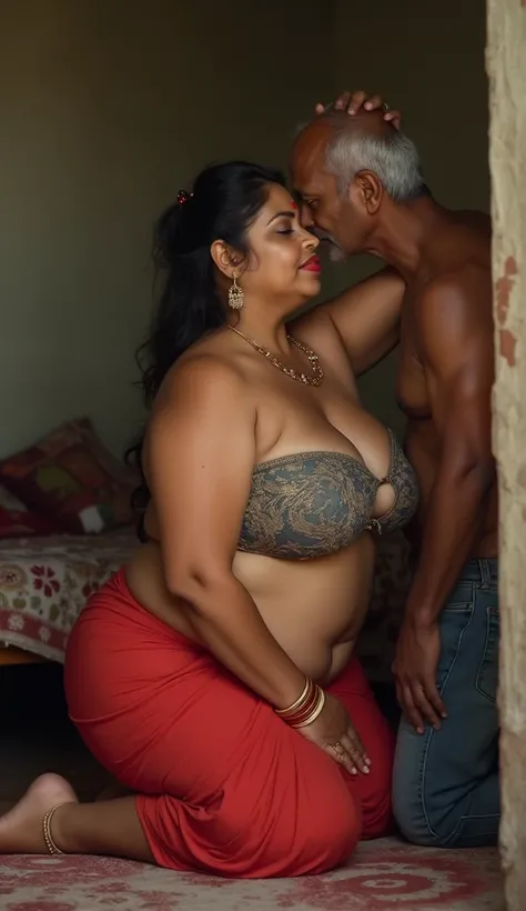 photo of Voluptuous Mature plus size Indian cute Bengali Aunty with dusky skin, wearing mini skirt and strapless bra , showing her large Cleavage, show her navel, red Vermilion on her hairline , Shakha Pola bangles in her hand, Hair messed up, nice curves,...