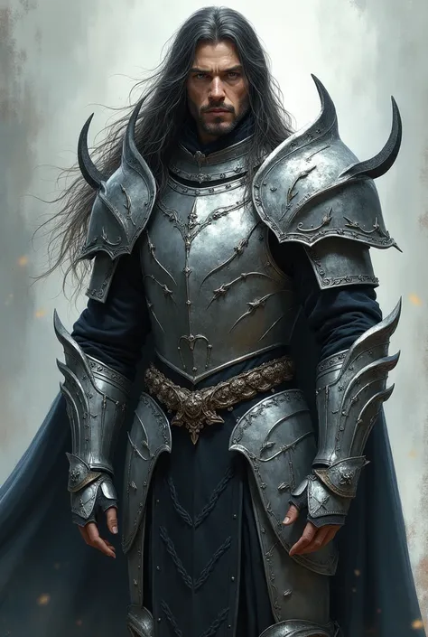 Full body art of a long haired male knight in ethereal silver and black ornate dragon armor 